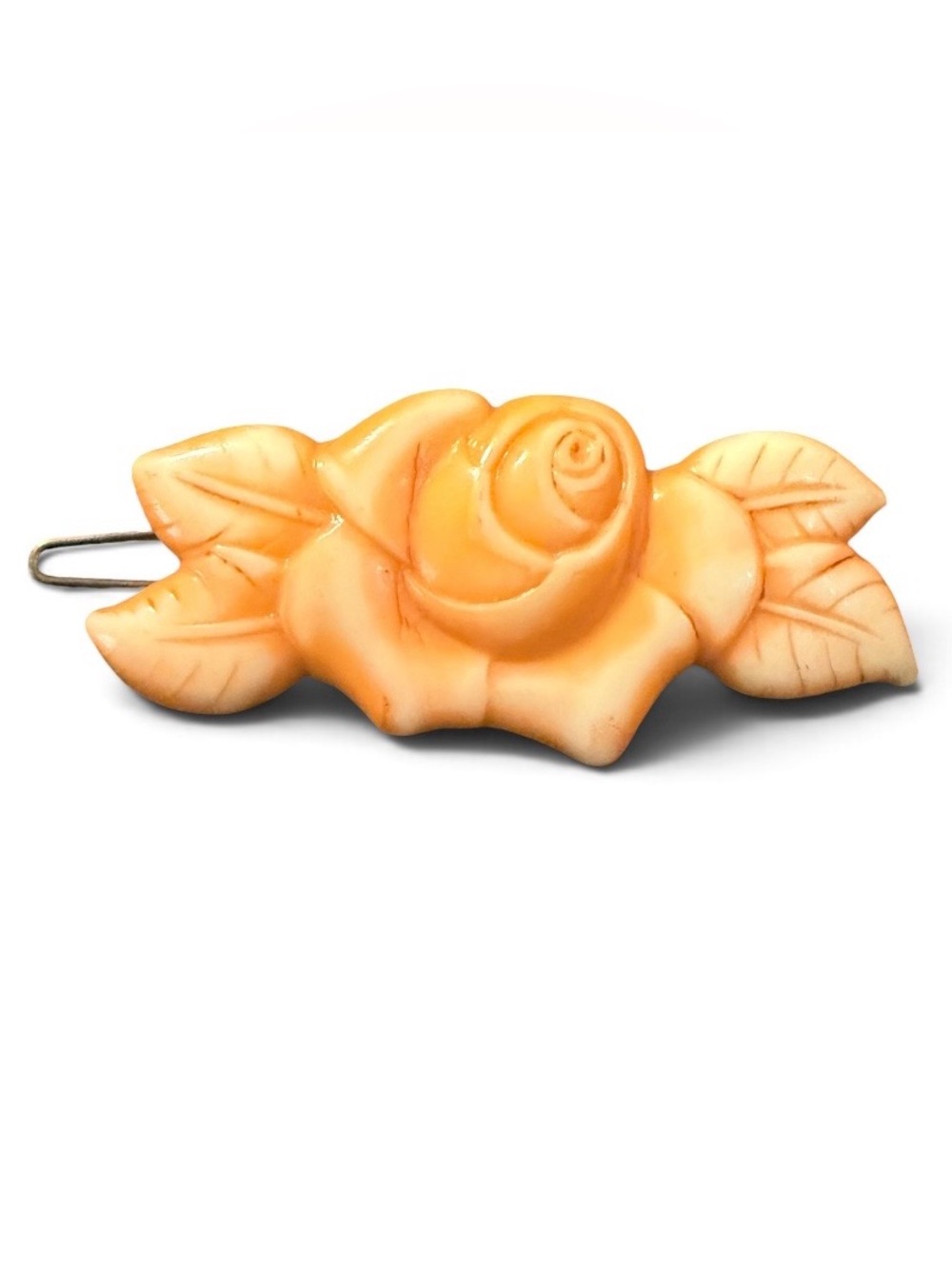 1940’s Vintage Hand Carved Floral Orange Hair Clip, Barrette, Unworn, 2.5” Long